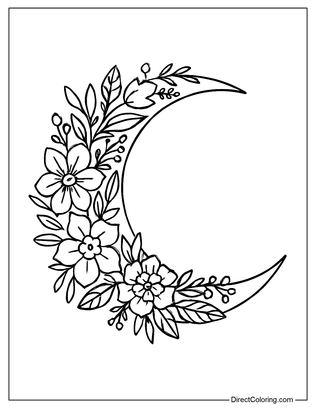 a crescent moon coloring page decorated with soft, detailed flowers and leaves